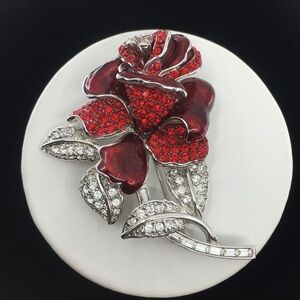 Vintage Nolan Miller Rhinestone Enamel Red Rose Brooch Pin Silver Tone Romantic